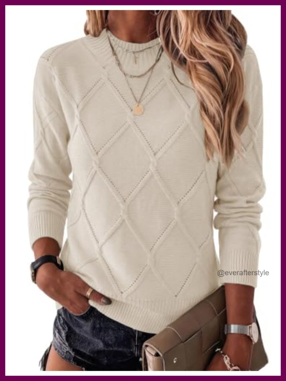 Womens Long Sleeve Pullover Sweater Crew Neck Hollow Knit Loose Fit